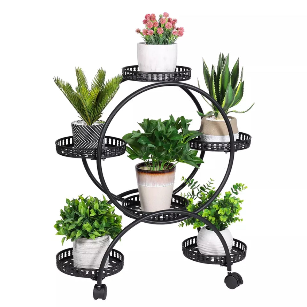 Rolling Metal Plant Stand Rack Flower Pot Shelf Holder with Wheels_2