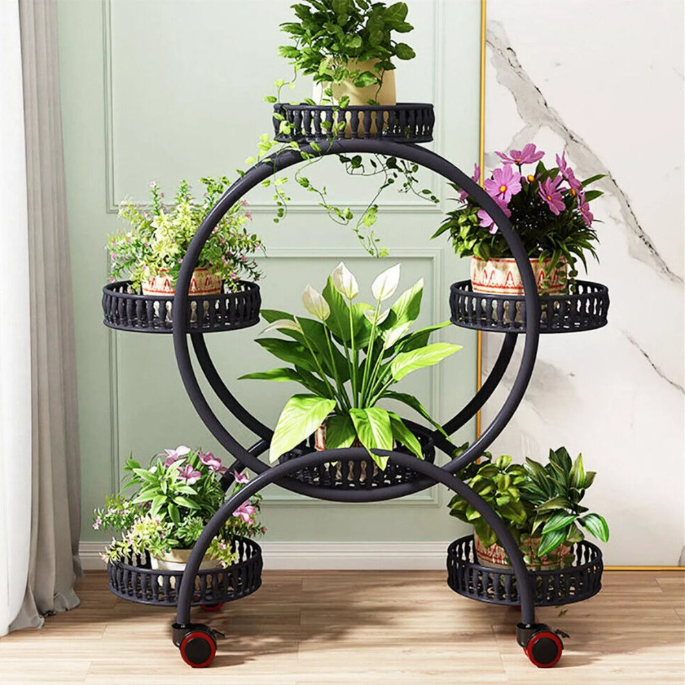 Rolling Metal Plant Stand Rack Flower Pot Shelf Holder with Wheels_3