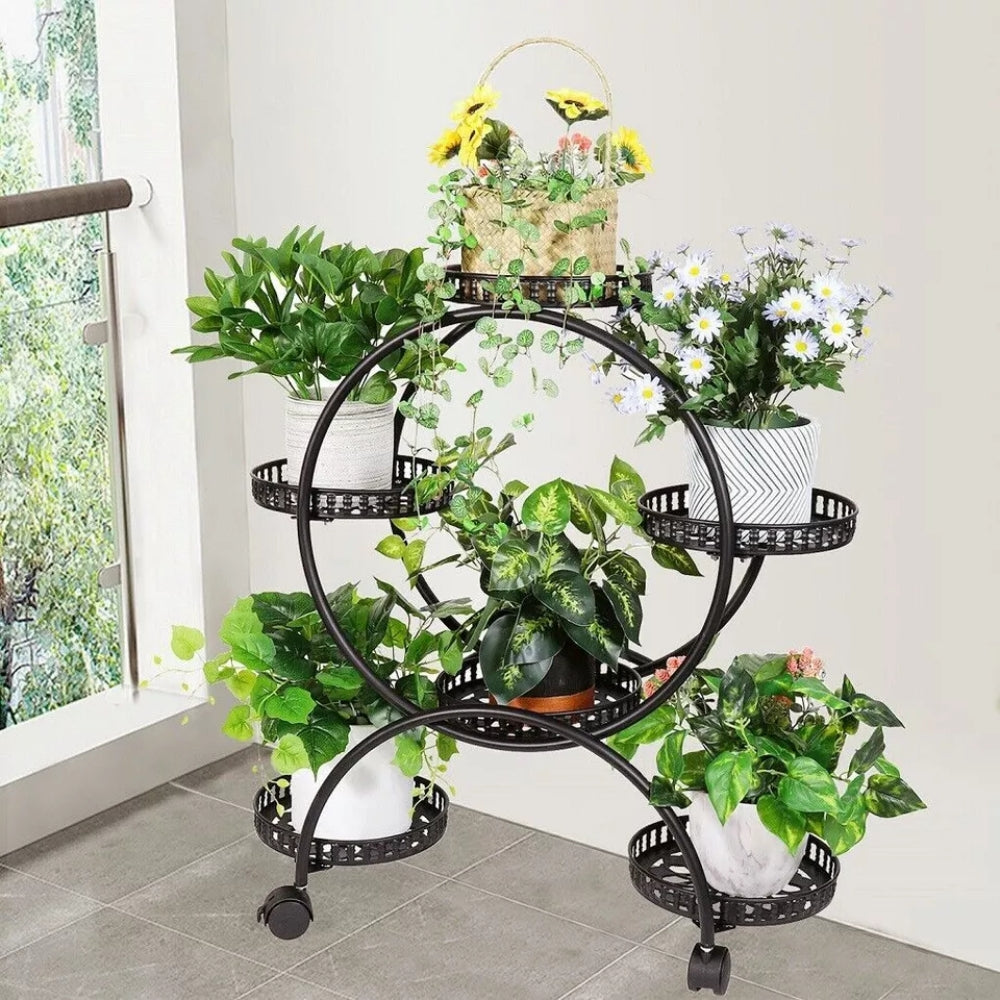 Rolling Metal Plant Stand Rack Flower Pot Shelf Holder with Wheels_4