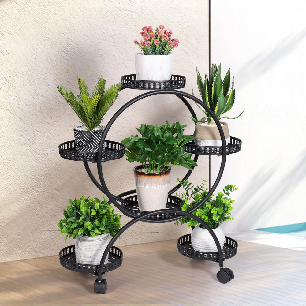 Rolling Metal Plant Stand Rack Flower Pot Shelf Holder with Wheels_5